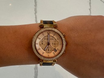 Michael Kors Watch Pink Face Jeweled Rim Stainless Steel