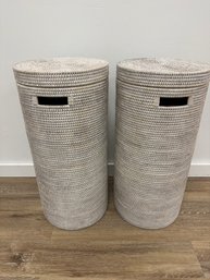 Pair Of White Washed Woven Hampers