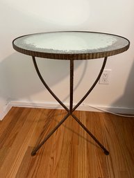 Crate & Barrel Round Mirrored Top Distressed Side Table