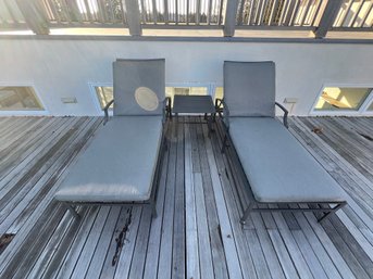 Pair Of Restoration Hardware Metal Outdoor Chaise Lounges And Side Table