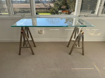 Glass Top Desk With Adjustable Metal Saddle Legs