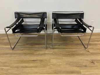 Wassily Style Leather And Chrome Armchairs
