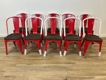 Set Of Ten Red Metal Chairs With Wood Seat (NEVER USED)