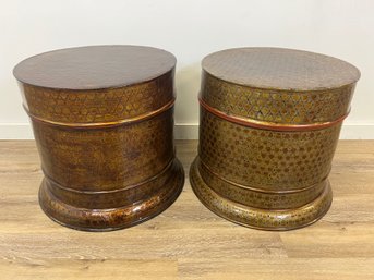 Pair Of Vintage Negora Lacquer Circular Storage Bins
