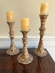 Set Of Three Candlesticks Layered With Bone Style Tile