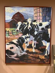 Large Oil Painting Cows On Farm Signed Rumara Jewett