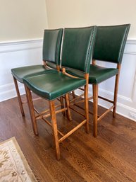 Set Of Four Green Leather Bar Stools With Nailhead Trim
