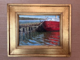 Oil Painting Boat On Dock In Gold Frame