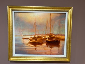 Oil Painting Of 2 Sailboats With Gold Frame