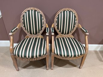 Pair Of Upholstered Green Striped Arm Chairs