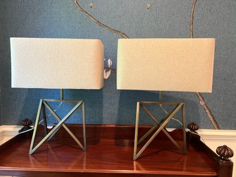 Pair Of Gold Geometric Design Lamps With Rectangular Linen Shades