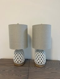 Pair Of White Ceramic Table Lamps With Grey Shade