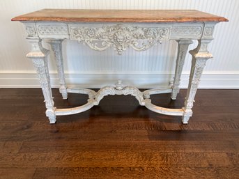 Antique Carved Console Table With Faux Marble Top