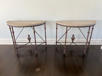 Pair Of Mecox Gardens Antique French Balustrade Leg Metal Demilune Tables