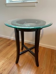 Crate & Barrel Round Glass Top End Table With Wood Base