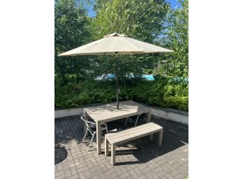 CB2 DINING TABLE & 2 BENCHES & 2 END CHAIRS & UMBRELLA