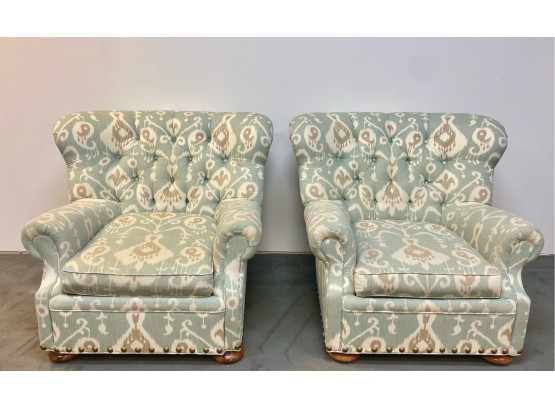 2 Large Tufted Wingback Ikat Upholstered Armchairs