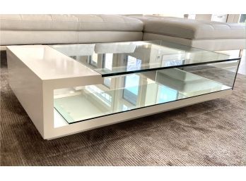 Custom Wood And Glass Coffee Table With Mirrored Base Shelf