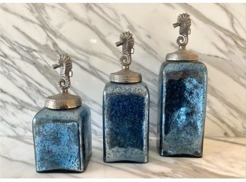 Set Of Three Decorative Seahorse Glass Canisters