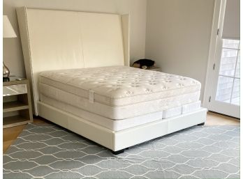 Cream Leather Upholstered King Size Bed With Mattress