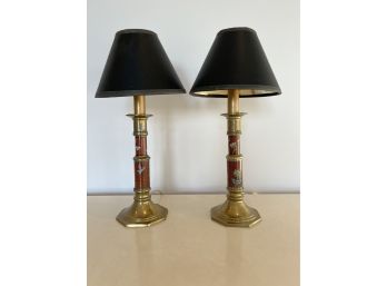 Pair Of Cloisonn  And Brass Lamps With Black Shades