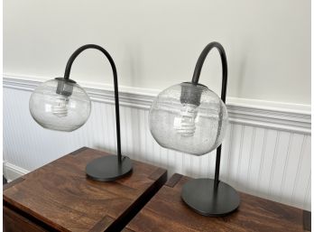 Pair Of Black Metal Lamps With Glass Shades