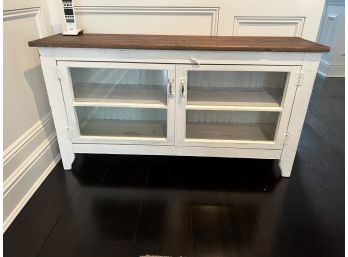 Wood Top White Distressed Console Table With Glass Doors