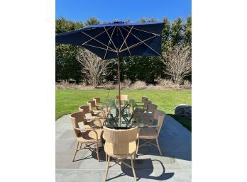 Outdoor Glass Table And 10 Chairs With Tucci Umbrella And Stand