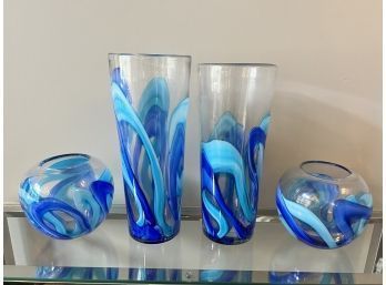 Set Of 4 Hand Blown Decorative Blue Art Glass Vases