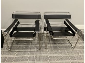 Pair Of Wassily Marcel Breuer Mid Century Leather And Chrome Sling Chairs