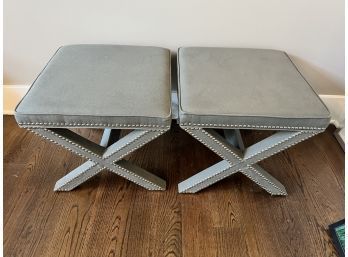 Pair Of Safavieh Grey Upholstered, Studded Ottomans Benches