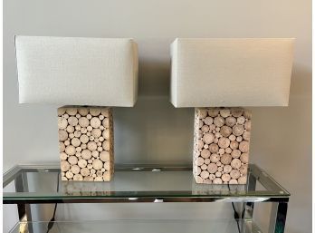 Pair Of Natural Wood Table Lamps With Light Tan Shades