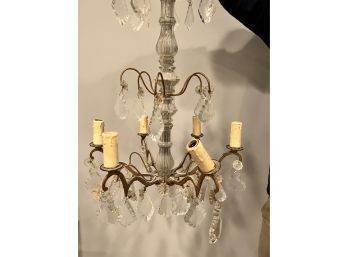 Antique Brass And Glass Chandelier With Crystal Prisms