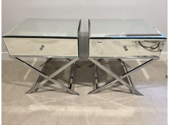 Pair Of Mirrored Nightstands With Chrome X Bases