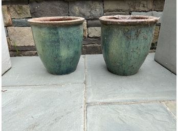 Set Of TWO Small Sized Green Glazed Pots