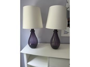 Pair Of Lavender Glass Teardrop Lamps With Silk Shades