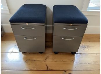 Pair Of Rolling File Cabinets With Cushion Tops