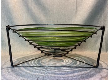 Eclectic Art Glass Signed Bowl With Metal Stand