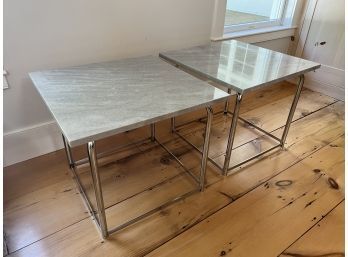 Pair Of Modern Chrome And Marble Square Side Tables