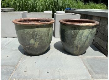Set Of TWO Medium Sized Green Glazed Pots