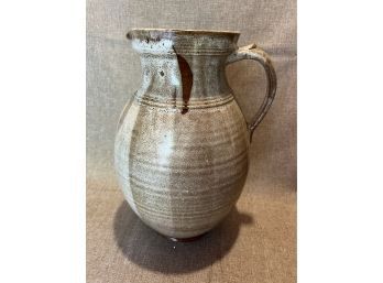 Large Brown Stoneware Pitcher Signed