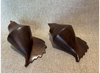 Two Hand Carved Wood Seashells