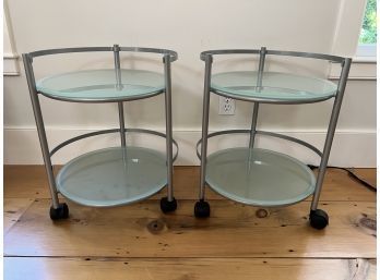 Pair Of Round Metal And Glass Side Table On Wheels