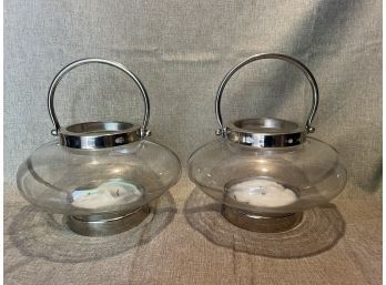 Pair Decorative Chrome And Glass Candle Holders