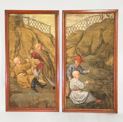 Antique Victorian Era Continental Chinoiserie Wall Tapestry Depicting Chinese Children Fishing - Diptych