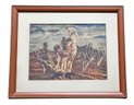 Vintage Original Watercolor Painting Of A Farm Family Life Scene