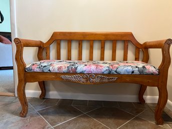 Wooden Carved Scrolled Arm Bench With Cushion