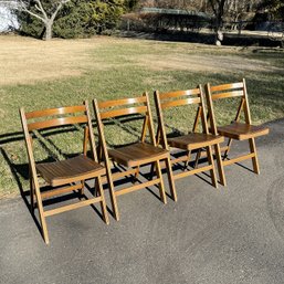 Set Of 4 Mid-Century Slatted Wood Folding Chairs - Made In Poland