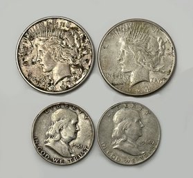 4 Silver US Coins - 2 Peace Dollars & 2 Franklin Half Dollars - 90 Percent Silver