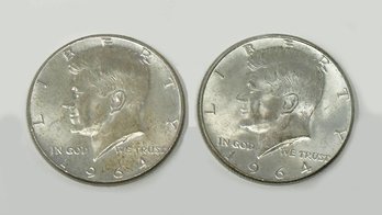 2 - 1964 Kennedy Silver Half Dollars - 90 Percent Silver
